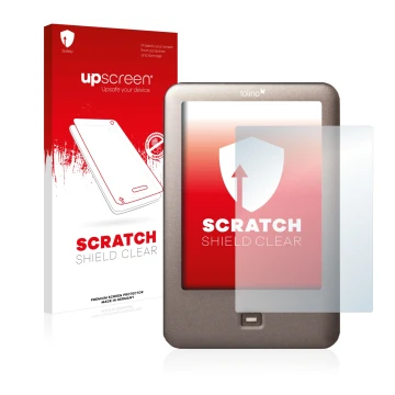 Parte frontal de un envase de producto con el logotipo de la marca upscreen. Al lado se muestra el dispositivo Tolino Shine co