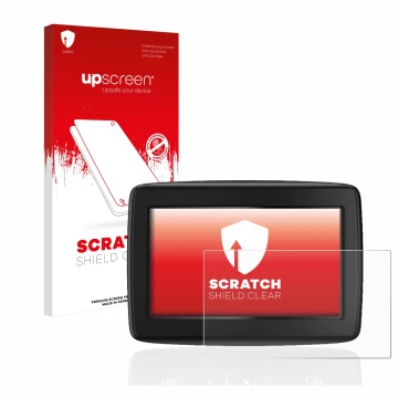 Parte frontal de un envase de producto con el logotipo de la marca upscreen. Al lado se muestra el dispositivo TomTom Start 20