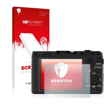 Parte frontal de un envase de producto con el logotipo de la marca upscreen. Al lado se muestra el dispositivo Sony Cyber-Shot