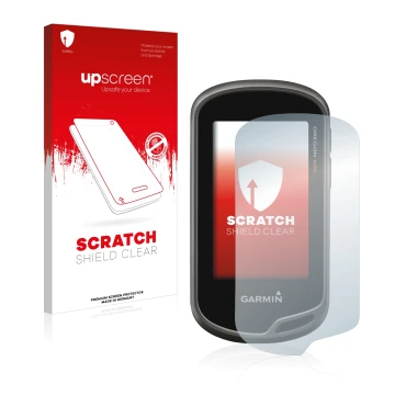 Parte frontal de un envase de producto con el logotipo de la marca upscreen. Al lado se muestra el dispositivo Garmin Oregon 6