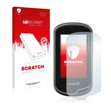 Parte frontal de un envase de producto con el logotipo de la marca upscreen. Al lado se muestra el dispositivo Garmin Oregon 6