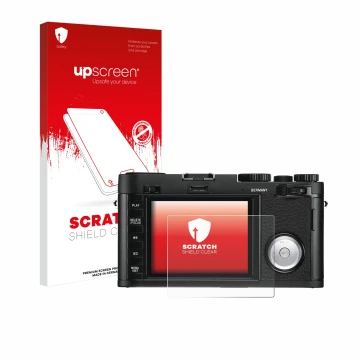 Parte frontal de un envase de producto con el logotipo de la marca upscreen. Al lado se muestra el dispositivo Leica X Vario c