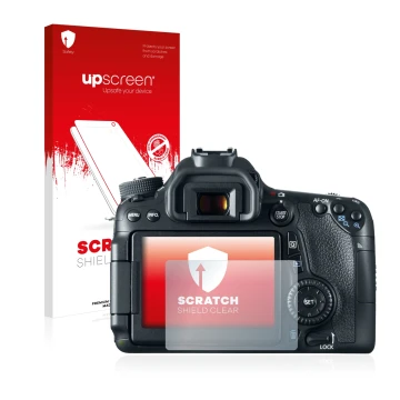Parte frontal de un envase de producto con el logotipo de la marca upscreen. Al lado se muestra el dispositivo Canon EOS 70D c
