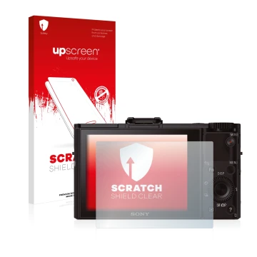 Parte frontal de un envase de producto con el logotipo de la marca upscreen. Al lado se muestra el dispositivo Sony Cyber-Shot