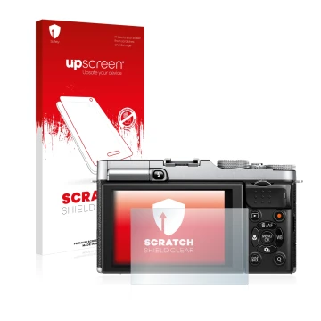 Parte frontal de un envase de producto con el logotipo de la marca upscreen. Al lado se muestra el dispositivo Fujifilm X-M1 c