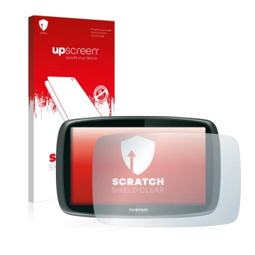 Parte frontal de un envase de producto con el logotipo de la marca upscreen. Al lado se muestra el dispositivo TomTom GO 6000 