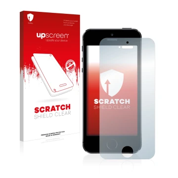 Parte frontal de un envase de producto con el logotipo de la marca upscreen. Al lado se muestra el dispositivo Apple iPhone 5S