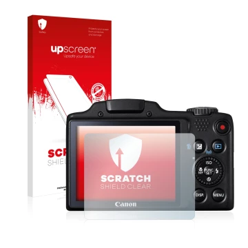 Parte frontal de un envase de producto con el logotipo de la marca upscreen. Al lado se muestra el dispositivo Canon PowerShot