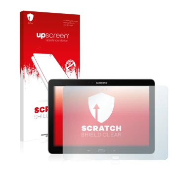 Parte frontal de un envase de producto con el logotipo de la marca upscreen. Al lado se muestra el dispositivo Samsung Galaxy 