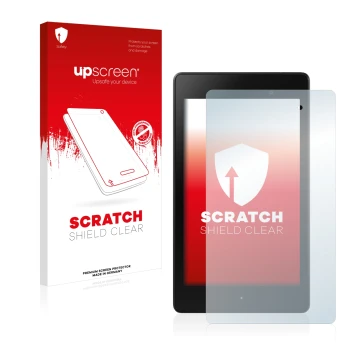 Parte frontal de un envase de producto con el logotipo de la marca upscreen. Al lado se muestra el dispositivo ASUS Nexus 7 Ta