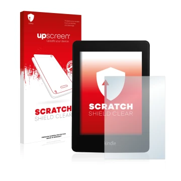 Parte frontal de un envase de producto con el logotipo de la marca upscreen. Al lado se muestra el dispositivo Amazon Kindle P