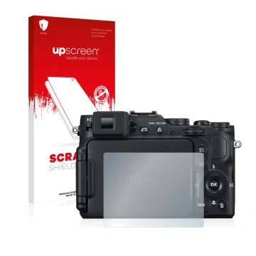 Parte frontal de un envase de producto con el logotipo de la marca upscreen. Al lado se muestra el dispositivo Nikon Coolpix P