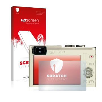 Parte frontal de un envase de producto con el logotipo de la marca upscreen. Al lado se muestra el dispositivo Leica C (Typ 11