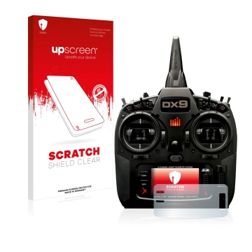 Parte frontal de un envase de producto con el logotipo de la marca upscreen. Al lado se muestra el dispositivo Spektrum DX9 co