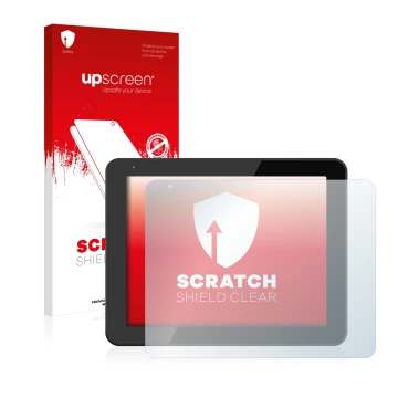 Parte frontal de un envase de producto con el logotipo de la marca upscreen. Al lado se muestra el dispositivo BQ Curie 2 con 