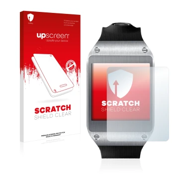 Parte frontal de un envase de producto con el logotipo de la marca upscreen. Al lado se muestra el dispositivo Samsung Galaxy 