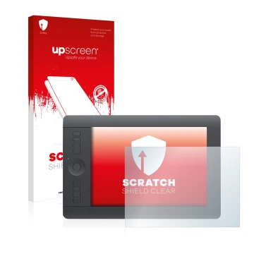 Parte frontal de un envase de producto con el logotipo de la marca upscreen. Al lado se muestra el dispositivo Wacom Intuos Pr