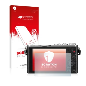 Parte frontal de un envase de producto con el logotipo de la marca upscreen. Al lado se muestra el dispositivo Panasonic Lumix