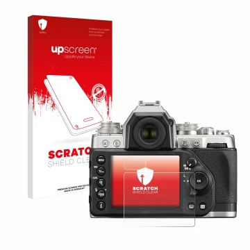 Parte frontal de un envase de producto con el logotipo de la marca upscreen. Al lado se muestra el dispositivo Nikon Df con su