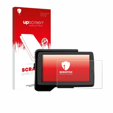 Parte frontal de un envase de producto con el logotipo de la marca upscreen. Al lado se muestra el dispositivo BMW R 1200 GS 2