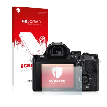 Parte frontal de un envase de producto con el logotipo de la marca upscreen. Al lado se muestra el dispositivo Sony Alpha 7R (