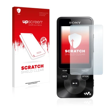 Parte frontal de un envase de producto con el logotipo de la marca upscreen. Al lado se muestra el dispositivo Sony Walkman NW