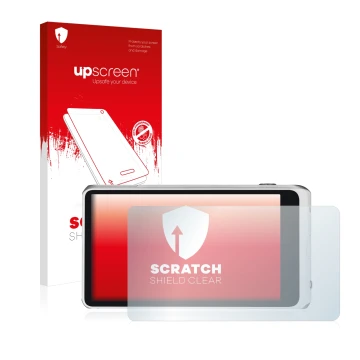 Parte frontal de un envase de producto con el logotipo de la marca upscreen. Al lado se muestra el dispositivo Samsung Galaxy 