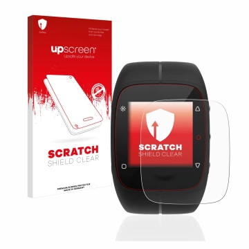 Parte frontal de un envase de producto con el logotipo de la marca upscreen. Al lado se muestra el dispositivo Polar M400 con 