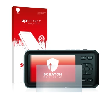 Parte frontal de un envase de producto con el logotipo de la marca upscreen. Al lado se muestra el dispositivo Blackmagic Pock