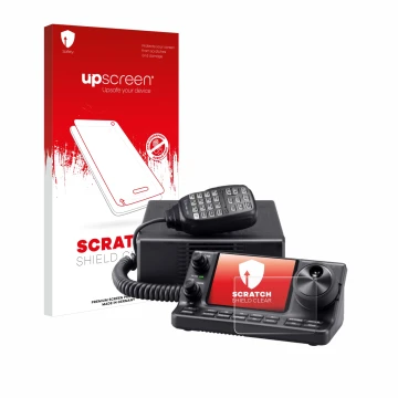 Parte frontal de un envase de producto con el logotipo de la marca upscreen. Al lado se muestra el dispositivo Icom IC-7100 co