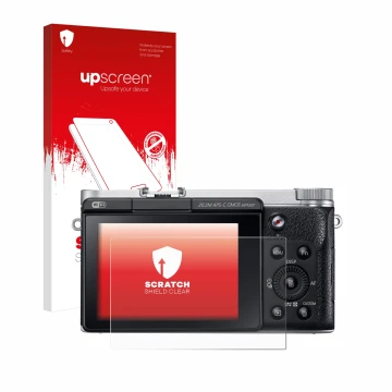 Parte frontal de un envase de producto con el logotipo de la marca upscreen. Al lado se muestra el dispositivo Samsung NX300M 