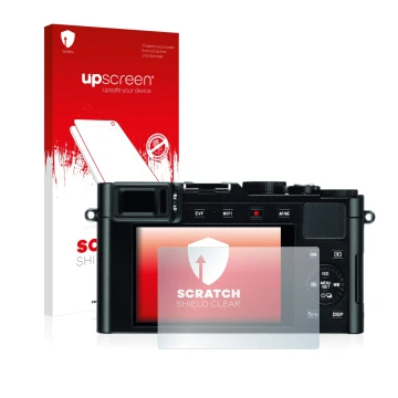 Parte frontal de un envase de producto con el logotipo de la marca upscreen. Al lado se muestra el dispositivo Leica D-Lux (Ty