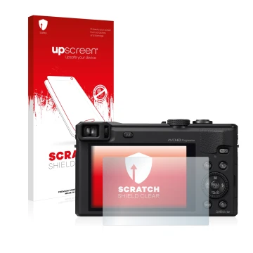 Parte frontal de un envase de producto con el logotipo de la marca upscreen. Al lado se muestra el dispositivo Panasonic Lumix