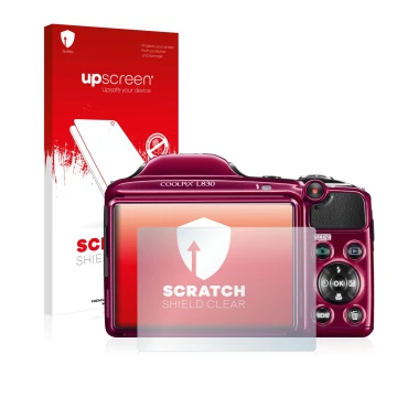 Parte frontal de un envase de producto con el logotipo de la marca upscreen. Al lado se muestra el dispositivo Nikon Coolpix L