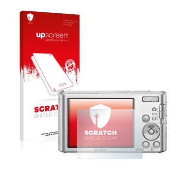 Parte frontal de un envase de producto con el logotipo de la marca upscreen. Al lado se muestra el dispositivo Sony Cyber-Shot
