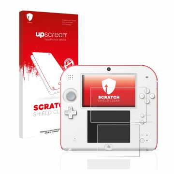 Parte frontal de un envase de producto con el logotipo de la marca upscreen. Al lado se muestra el dispositivo Nintendo 2DS co