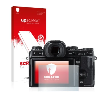 Parte frontal de un envase de producto con el logotipo de la marca upscreen. Al lado se muestra el dispositivo Fujifilm X-T1 c