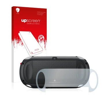 Parte frontal de un envase de producto con el logotipo de la marca upscreen. Al lado se muestra el dispositivo Sony Playstatio