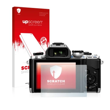 Parte frontal de un envase de producto con el logotipo de la marca upscreen. Al lado se muestra el dispositivo Olympus OM-D E-