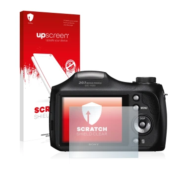 Parte frontal de un envase de producto con el logotipo de la marca upscreen. Al lado se muestra el dispositivo Sony Cyber-Shot