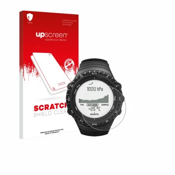 Parte frontal de un envase de producto con el logotipo de la marca upscreen. Al lado se muestra el dispositivo Suunto Core Reg