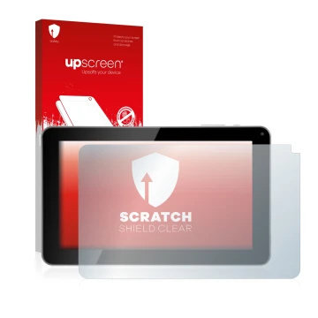 Parte frontal de un envase de producto con el logotipo de la marca upscreen. Al lado se muestra el dispositivo Kliver Klipad 9
