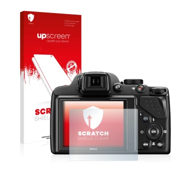 Parte frontal de un envase de producto con el logotipo de la marca upscreen. Al lado se muestra el dispositivo Nikon Coolpix P