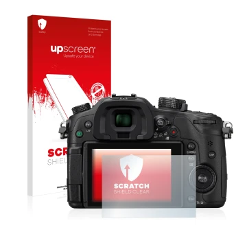 Parte frontal de un envase de producto con el logotipo de la marca upscreen. Al lado se muestra el dispositivo Panasonic Lumix