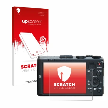 Parte frontal de un envase de producto con el logotipo de la marca upscreen. Al lado se muestra el dispositivo Sony Cyber-Shot