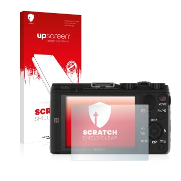 Parte frontal de un envase de producto con el logotipo de la marca upscreen. Al lado se muestra el dispositivo Sony Cyber-Shot