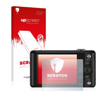Parte frontal de un envase de producto con el logotipo de la marca upscreen. Al lado se muestra el dispositivo Sony Cyber-Shot