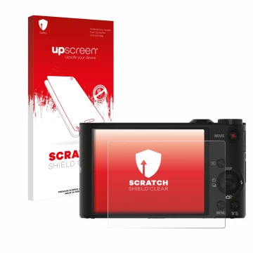 Parte frontal de un envase de producto con el logotipo de la marca upscreen. Al lado se muestra el dispositivo Sony Cyber-Shot