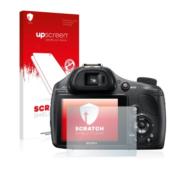 Parte frontal de un envase de producto con el logotipo de la marca upscreen. Al lado se muestra el dispositivo Sony Cyber-Shot