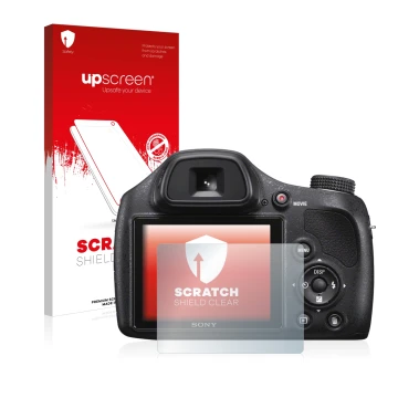 Parte frontal de un envase de producto con el logotipo de la marca upscreen. Al lado se muestra el dispositivo Sony Cyber-Shot